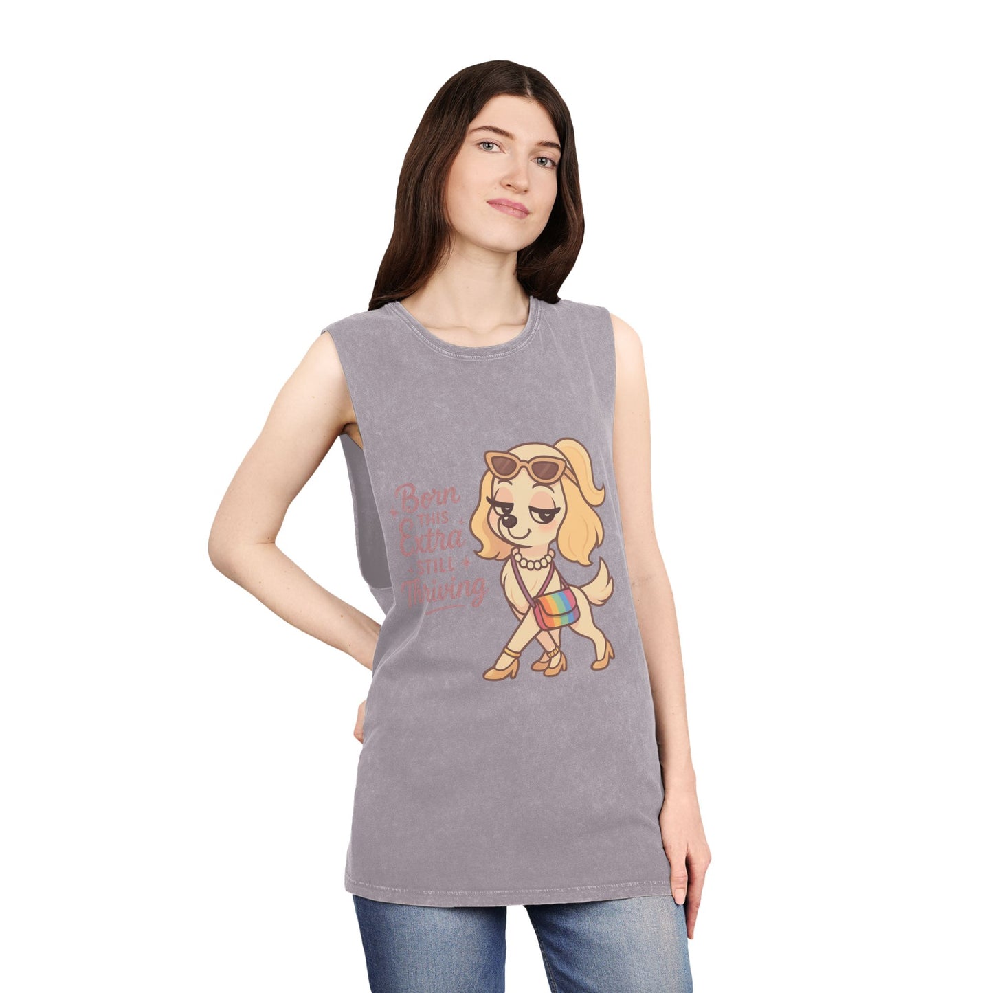 Trendy Stonewash Tank Top with Fun Dog Design, Casual Summer Style, Gifts for Dog Lovers, Birthday Wear, Beachwear, Everyday Essentials