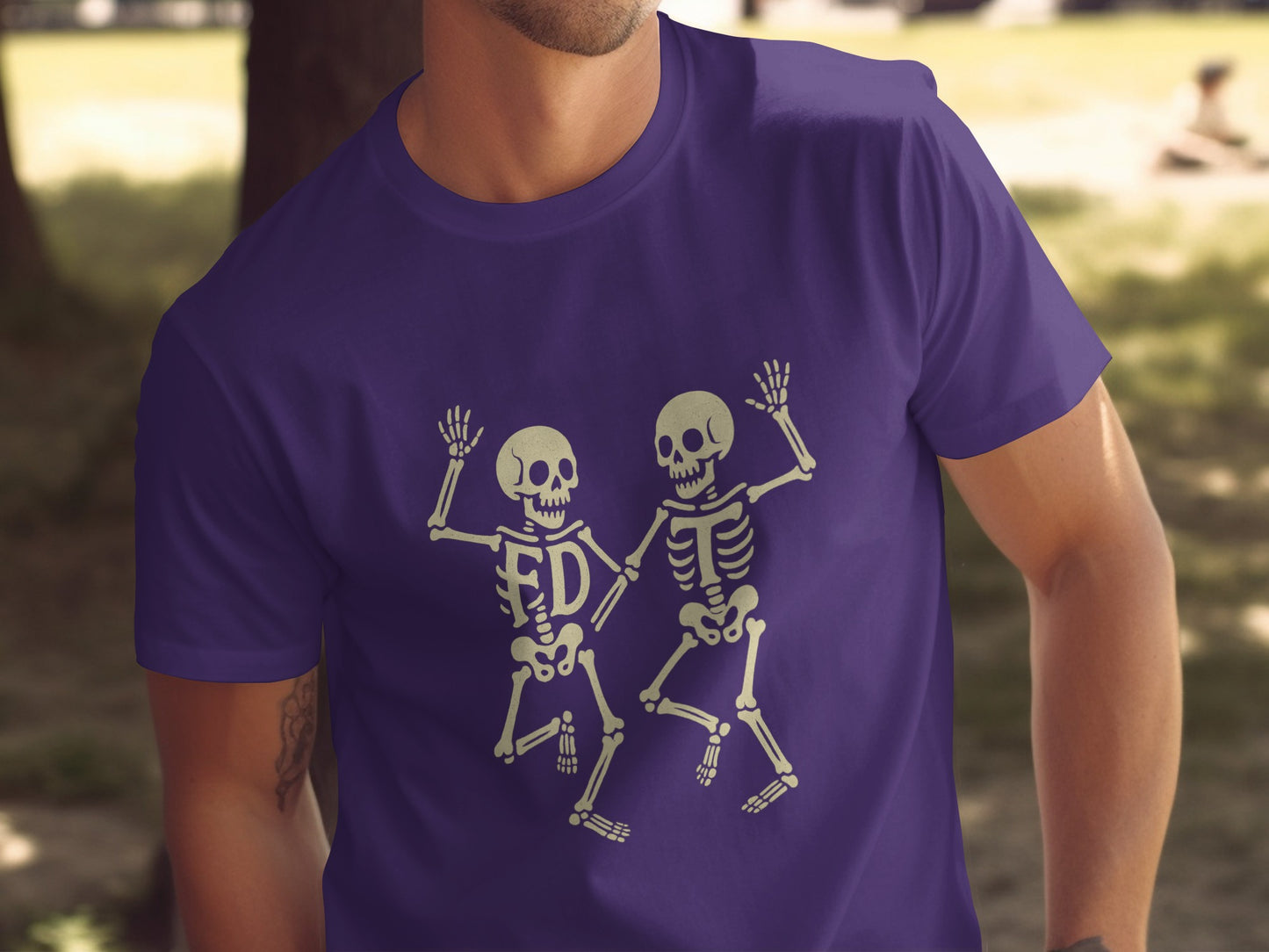 Funny Dancing Skeletons Purple Graphic T-shirt product type
