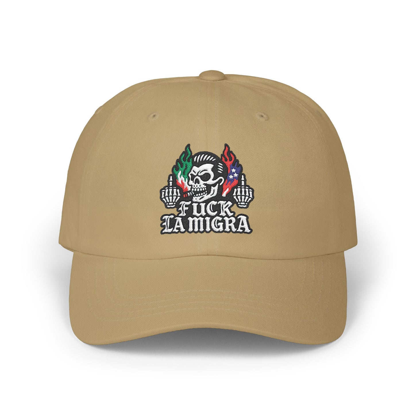 Fuck La Migra Anti Trump Embroidered Hat, FDT, Chinga Tu Maga Classic Dad Cap with Skull Design, Adjustable Hat for Casual Wear, Unique Gift for Dads, Birthday, or Holiday Use