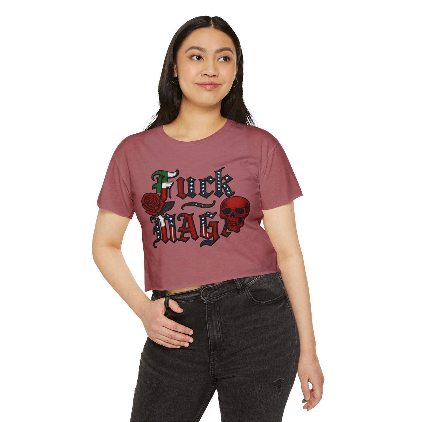 Crop Top Anti Trump FDT - Women's Festival Crop Top with Skull and Rose Design, Edgy Crop Tee, Summer Fest Outfit, Alternative Style Top, Concert Attire