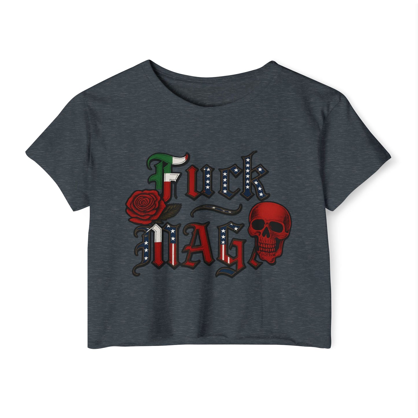 Crop Top Anti Trump FDT - Women's Festival Crop Top with Skull and Rose Design, Edgy Crop Tee, Summer Fest Outfit, Alternative Style Top, Concert Attire