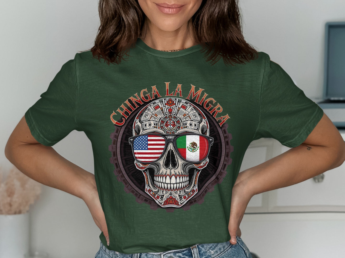 Chinga La Migra Skull with Flags Printed Shirt product