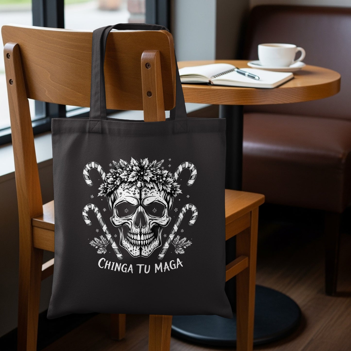 Chinga Tu Maga Skull with Candy Canes Design Tote Bag