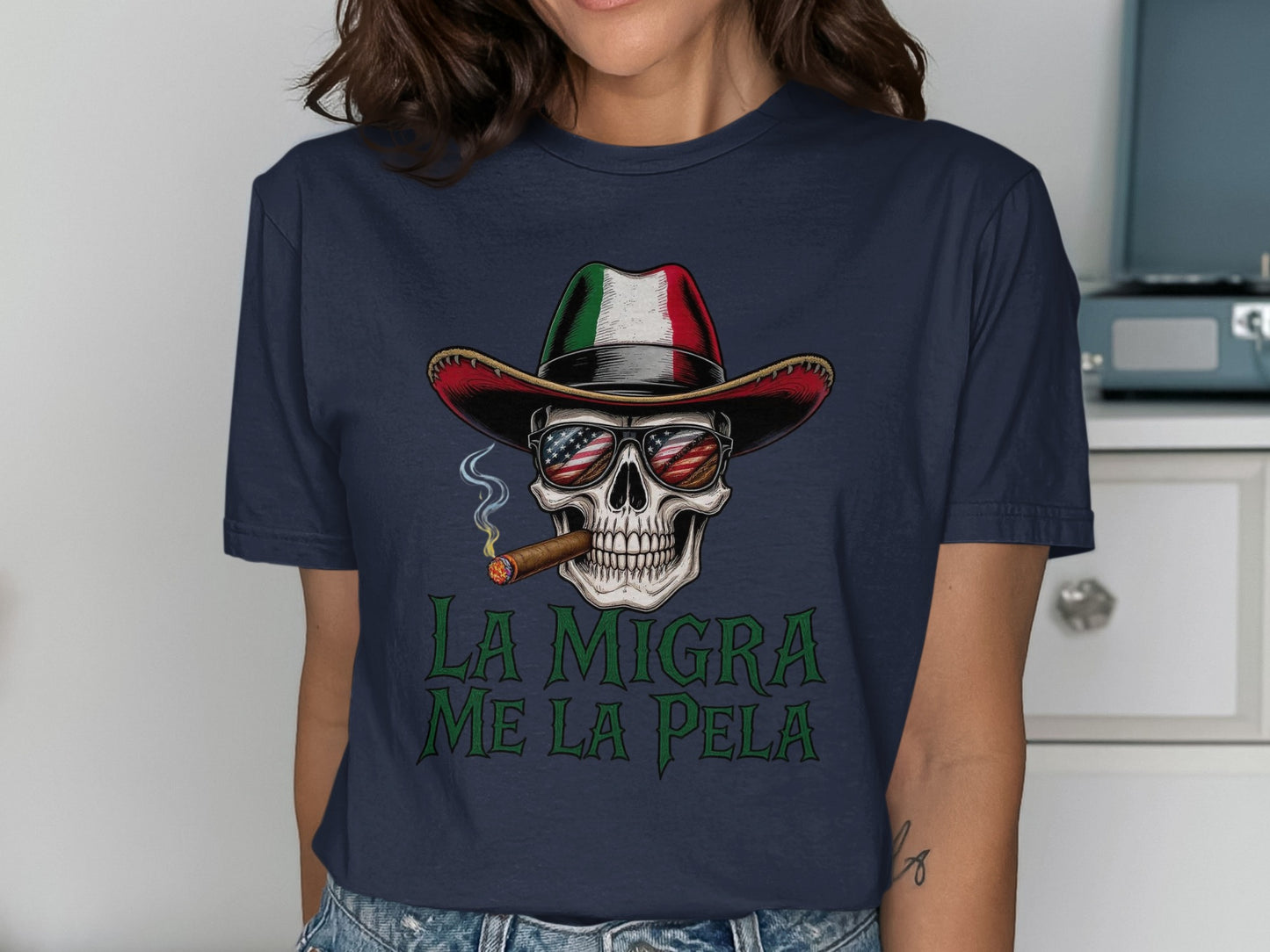 La Migra Me La Pela Skull Shirt Cool Graphic Tee product type