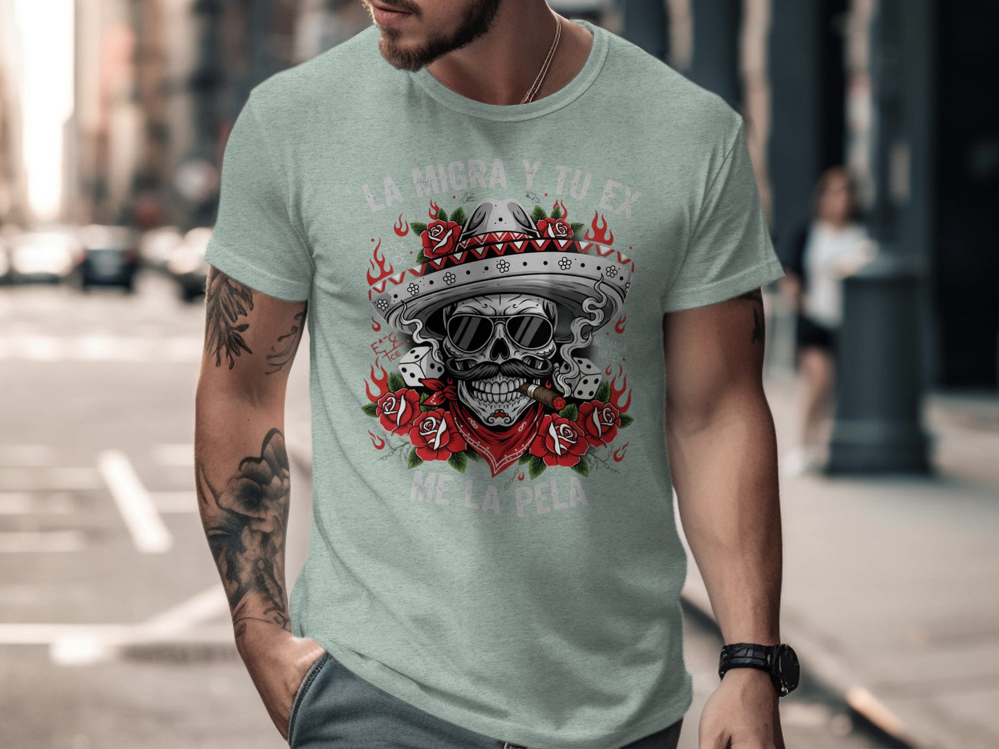 La Migra Y Tu Ex Me La Pela Skull Graphic Tee product type
