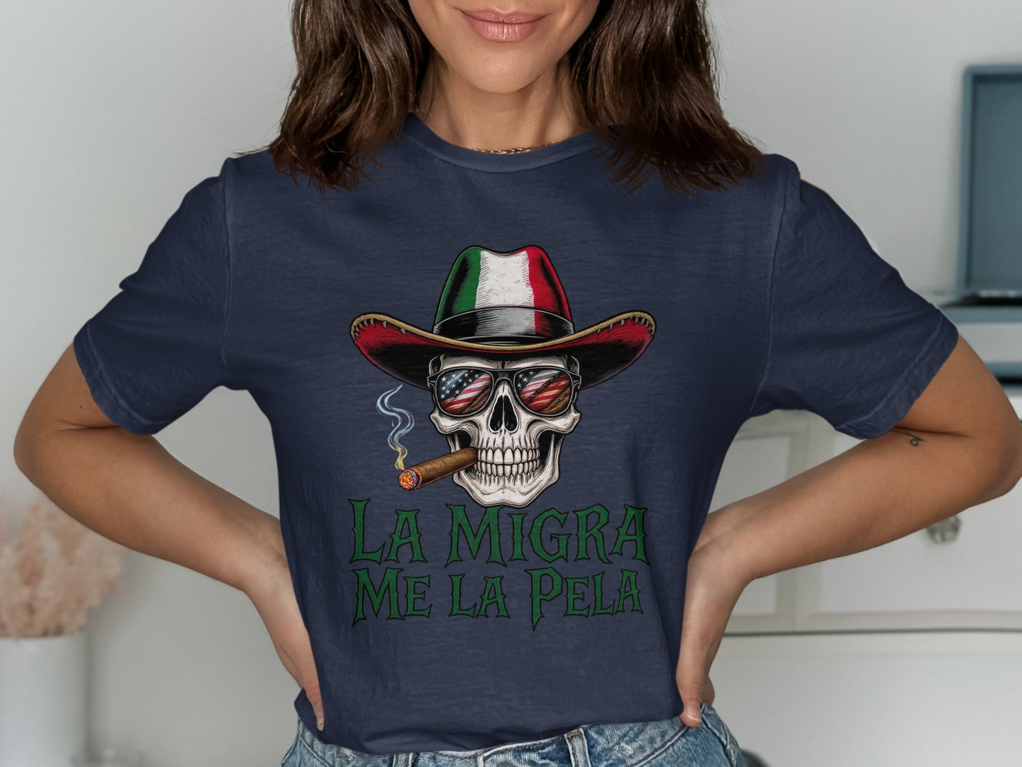 La Migra Me La Pela Skull Smoking Graphic T-shirt product type