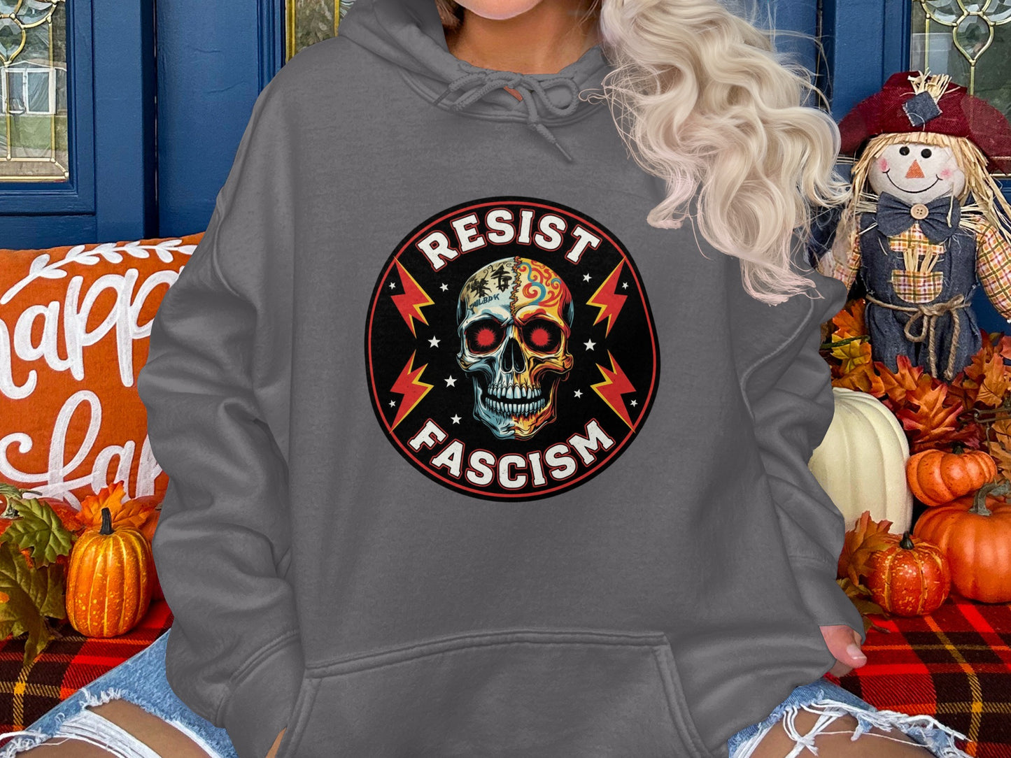 Resist Fascism Colorful Skull Graphic Hoodie product type