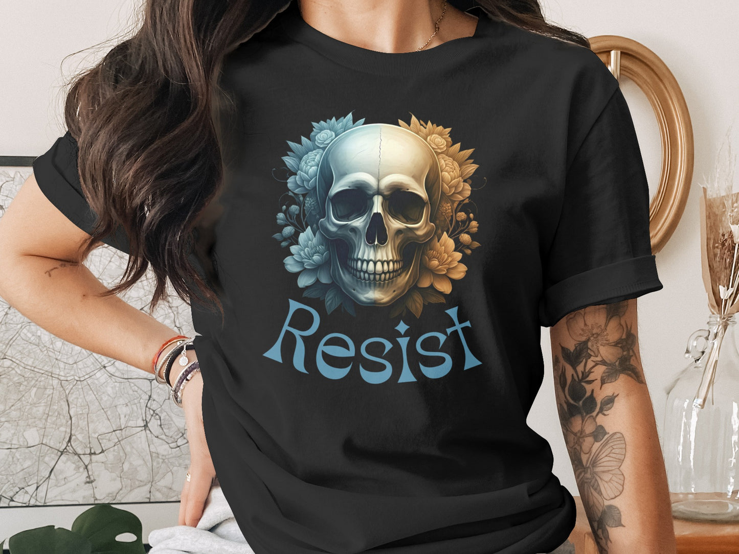 Resist Skull Floral Graphic T-Shirt for Women product