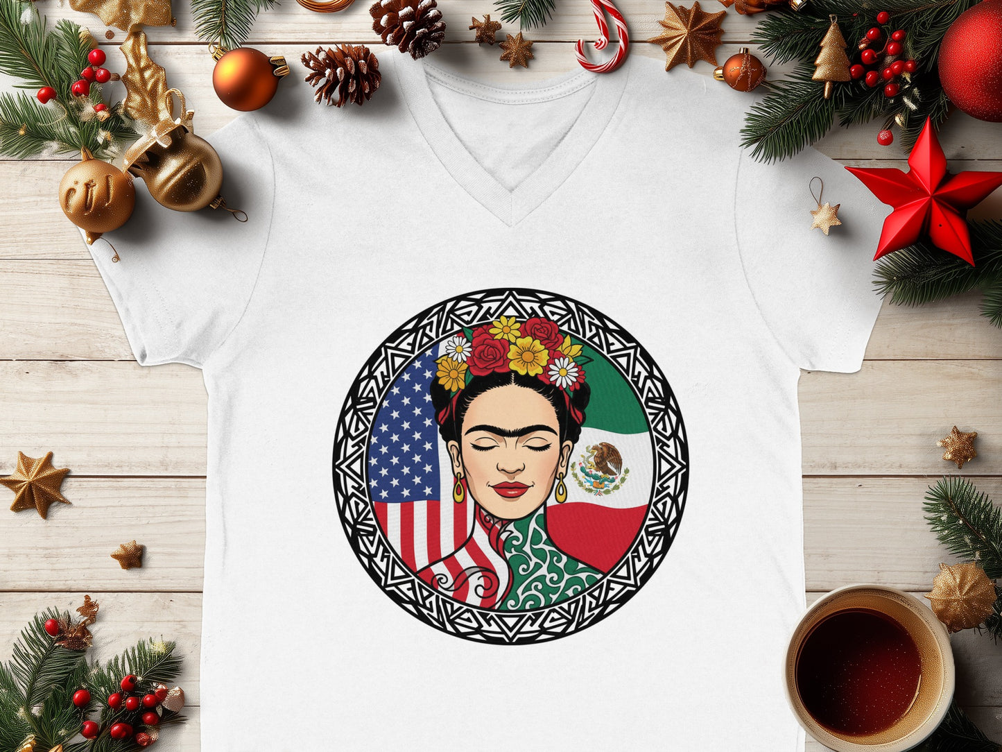 Artistic Frida Kahlo USA Mexico Circle Design T-shirt