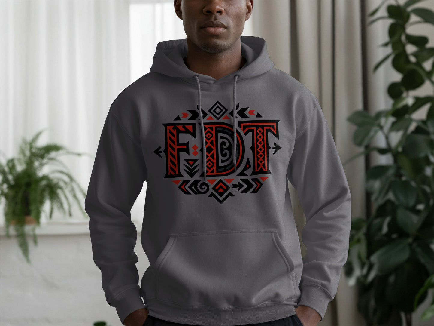 Bold Gray Hoodie with Intricate Tribal Design product type