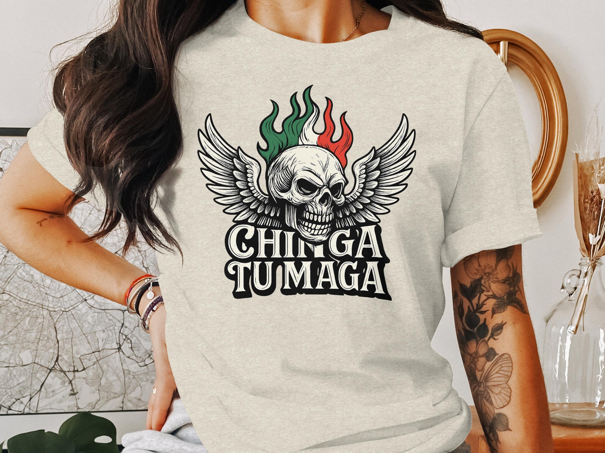 Winged Skull Design Graphic Chinga Tu Maga T-shirt product