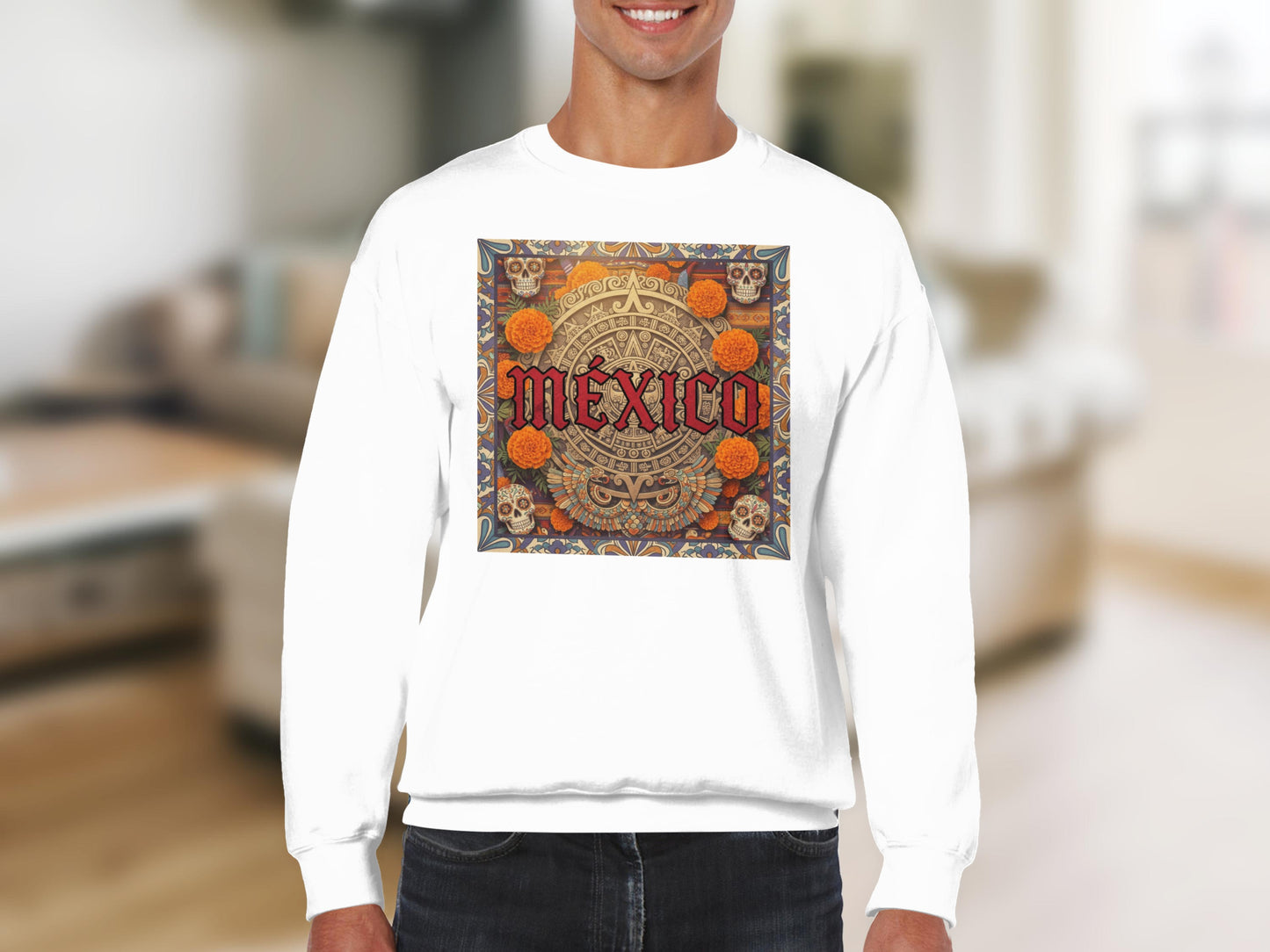 Mexico Skull and Sun Design on White Sweatshirt product