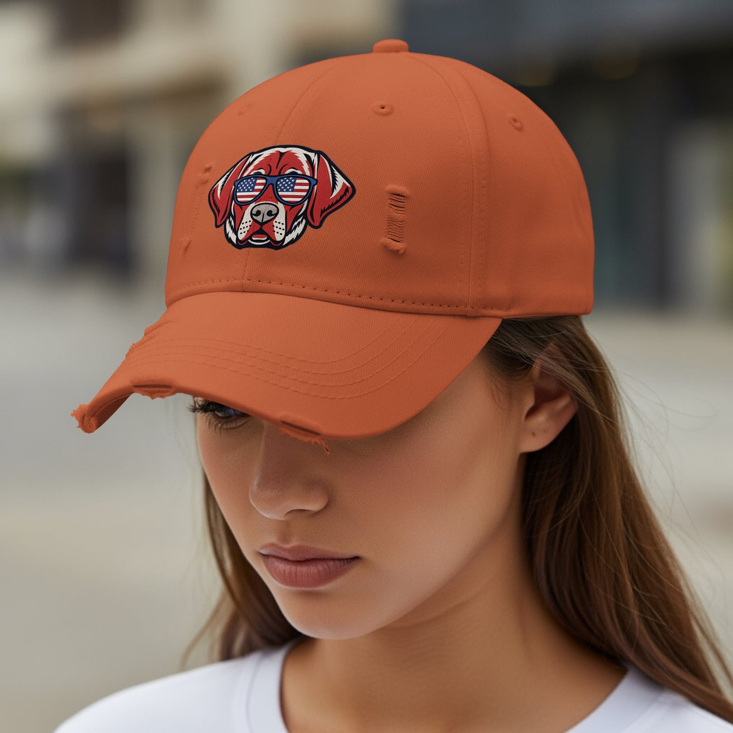Patriotic Dog Embroidery Distressed Cap product