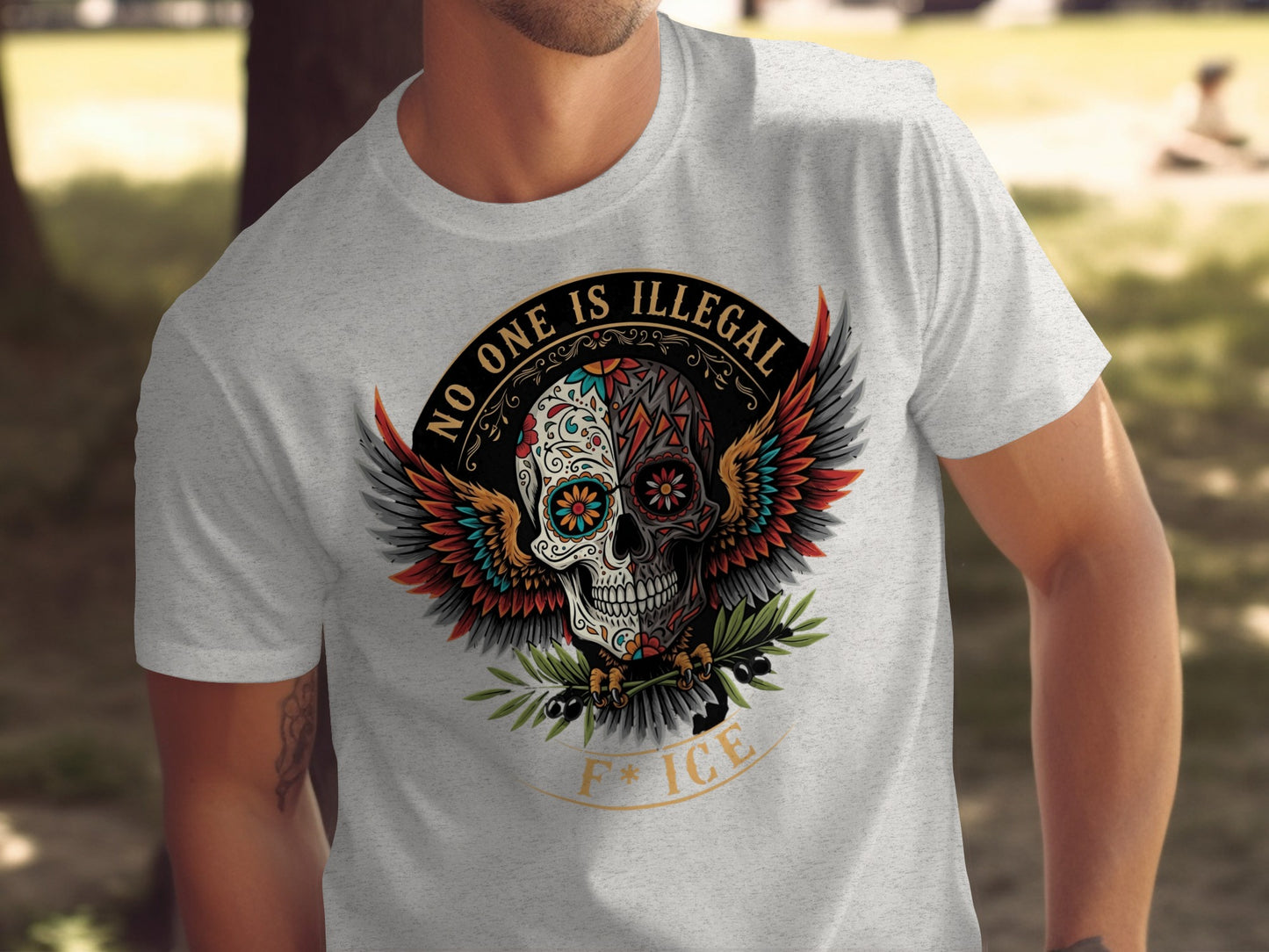 No One Is Illegal Sugar Skull Design T-shirt product