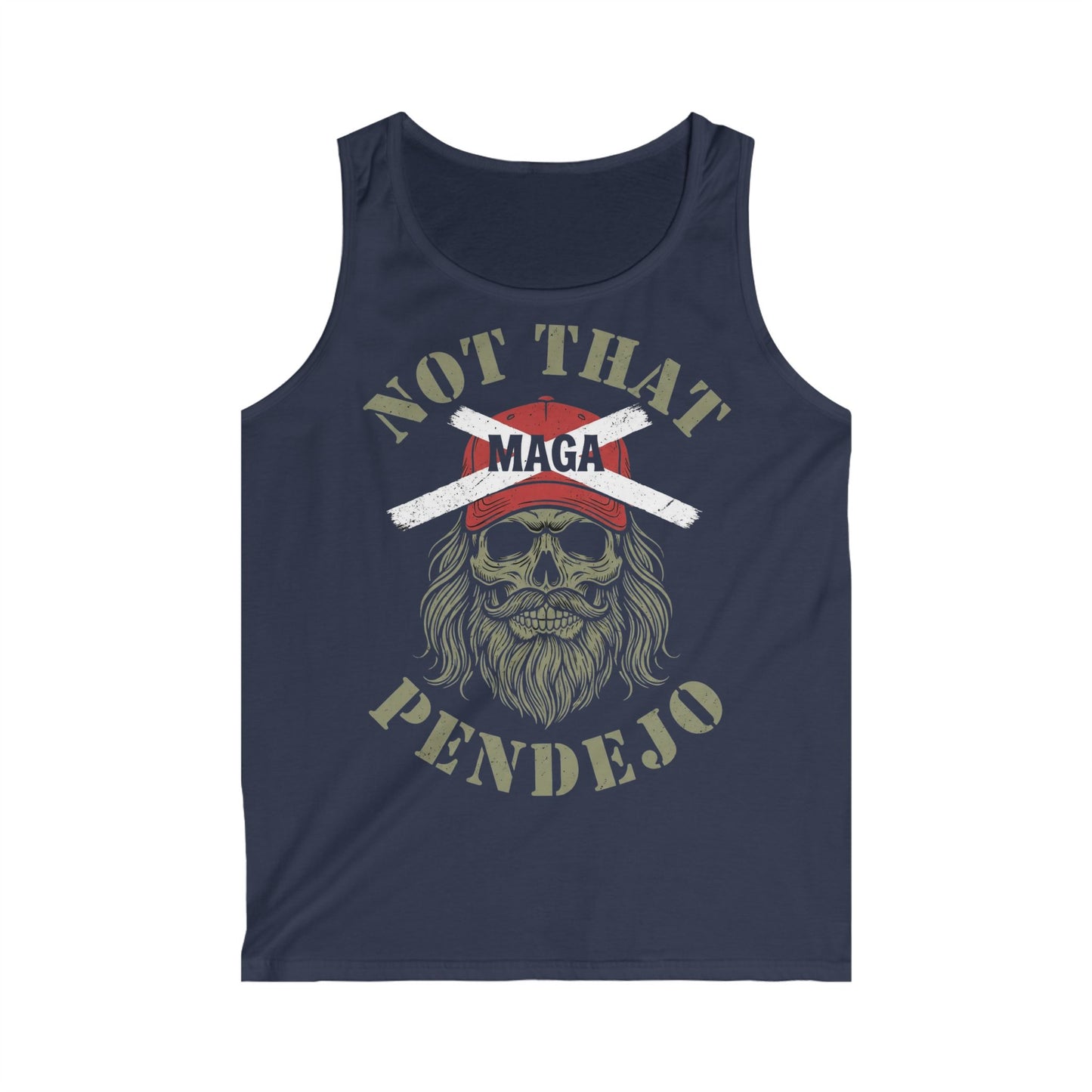 Tank top with skull wearing a red "MAGA" hat with a cross-out symbol.