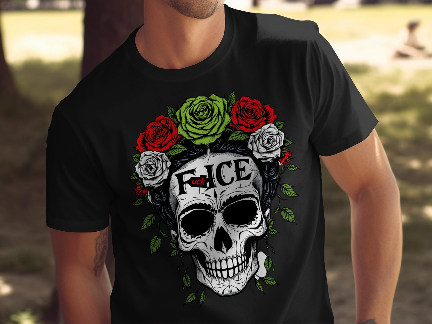 Skull Design with Floral Elements on Black Shirt product