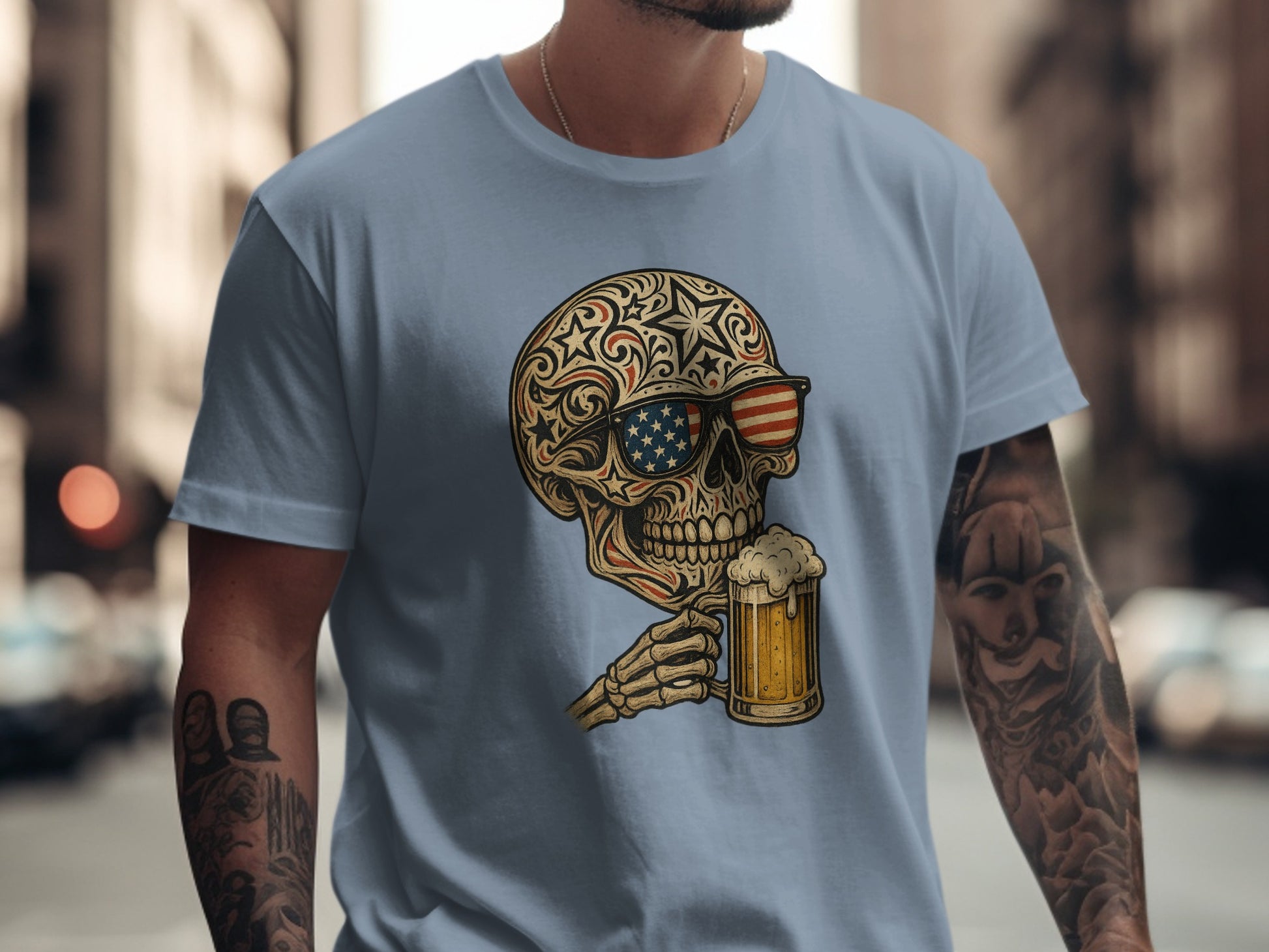 Skull Holding Beer American Flag Sunglasses T-Shirt product