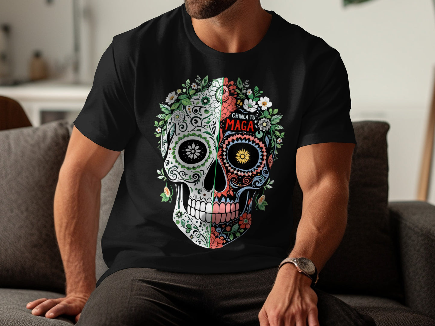 Colorful Intricate Skull Graphic Black T-Shirt product