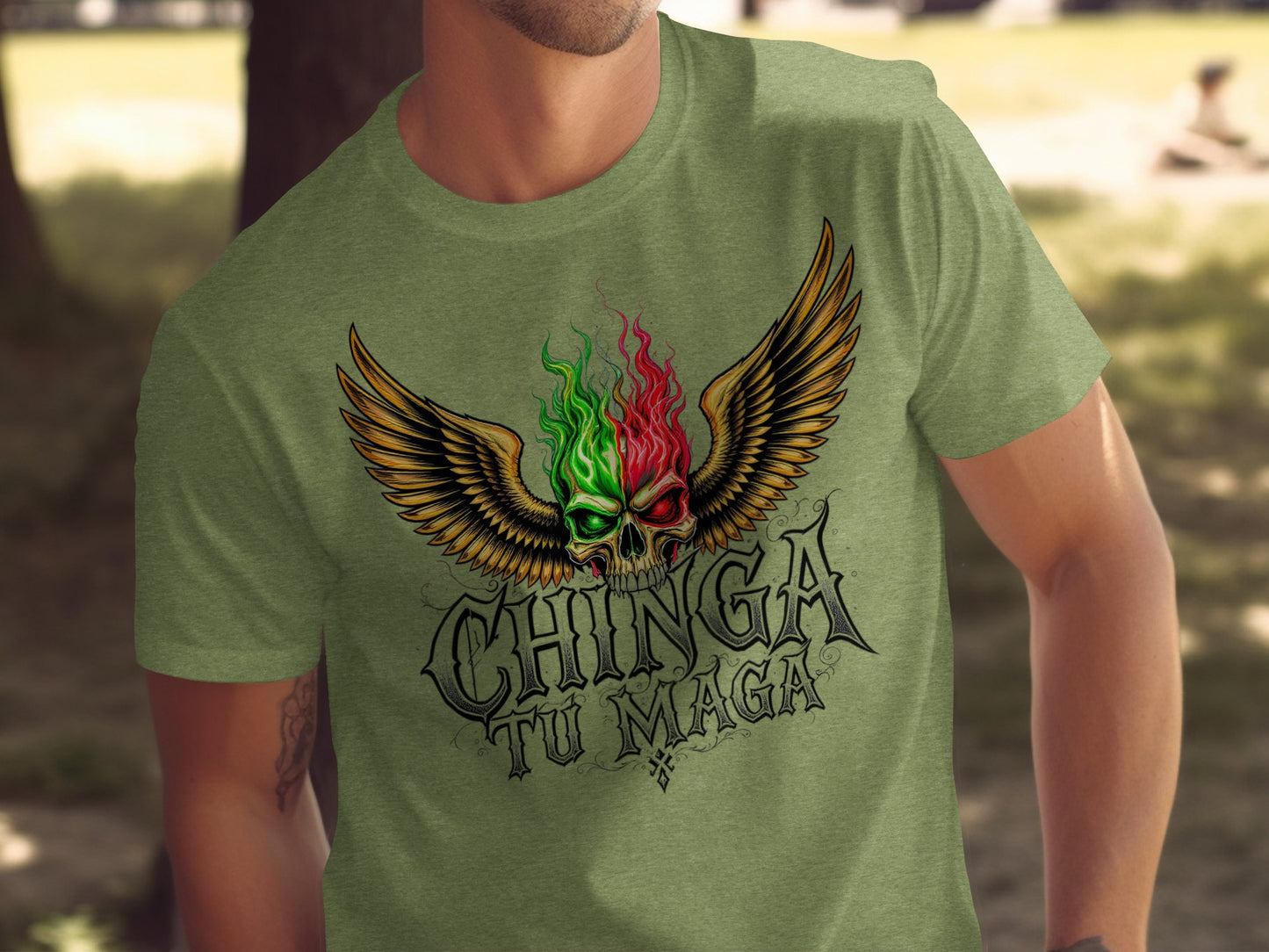 Chinga Tu Maga Skull and Wings Design T-Shirt product type