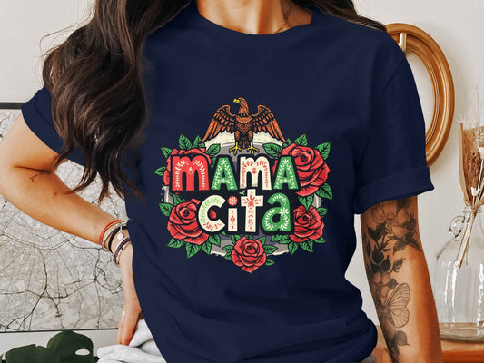 Mom Shirt: Colorful Mamacita Design with Roses and Eagle Tee