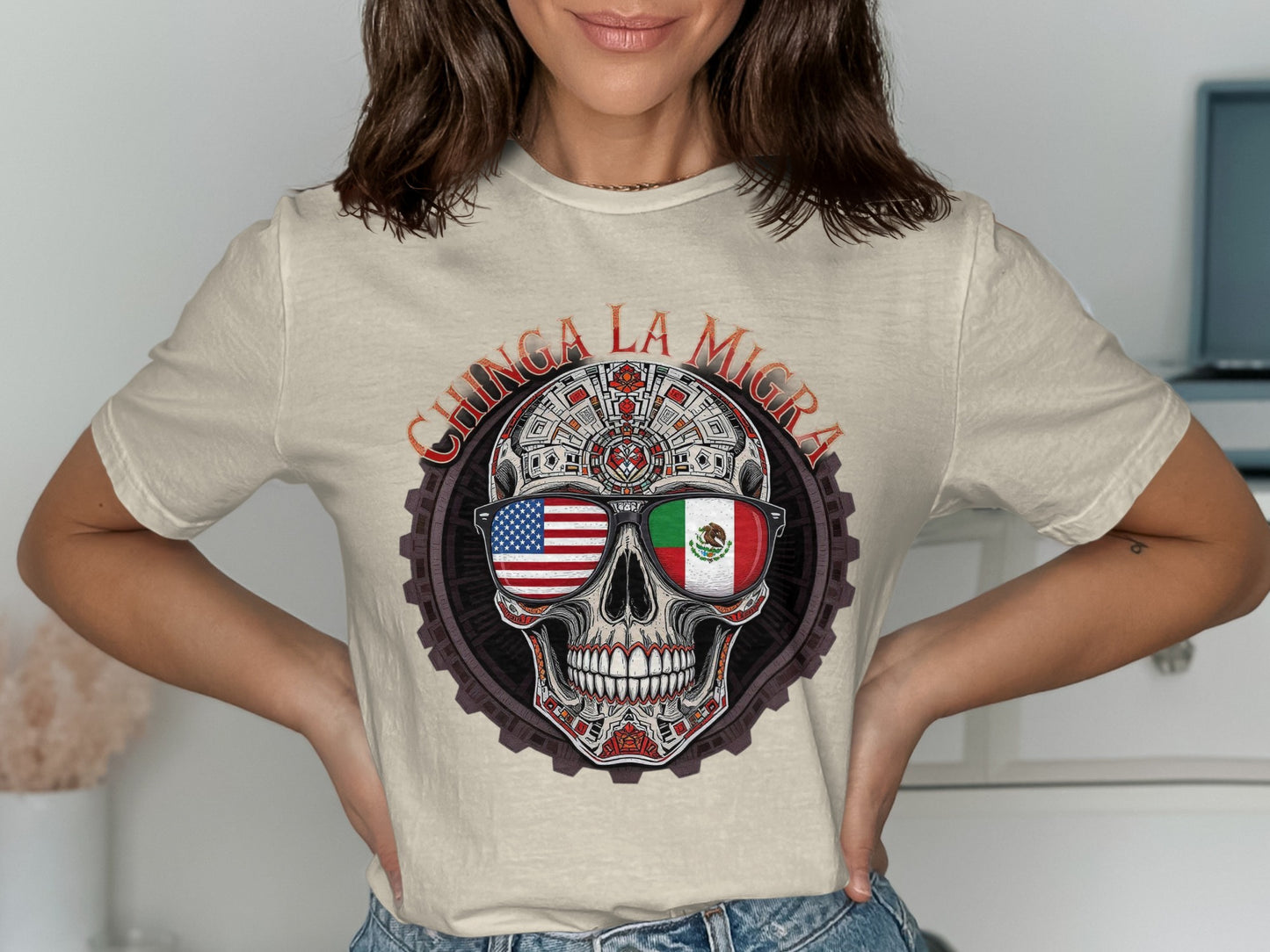 Chinga La Migra Skull Design Short Sleeve Shirt product