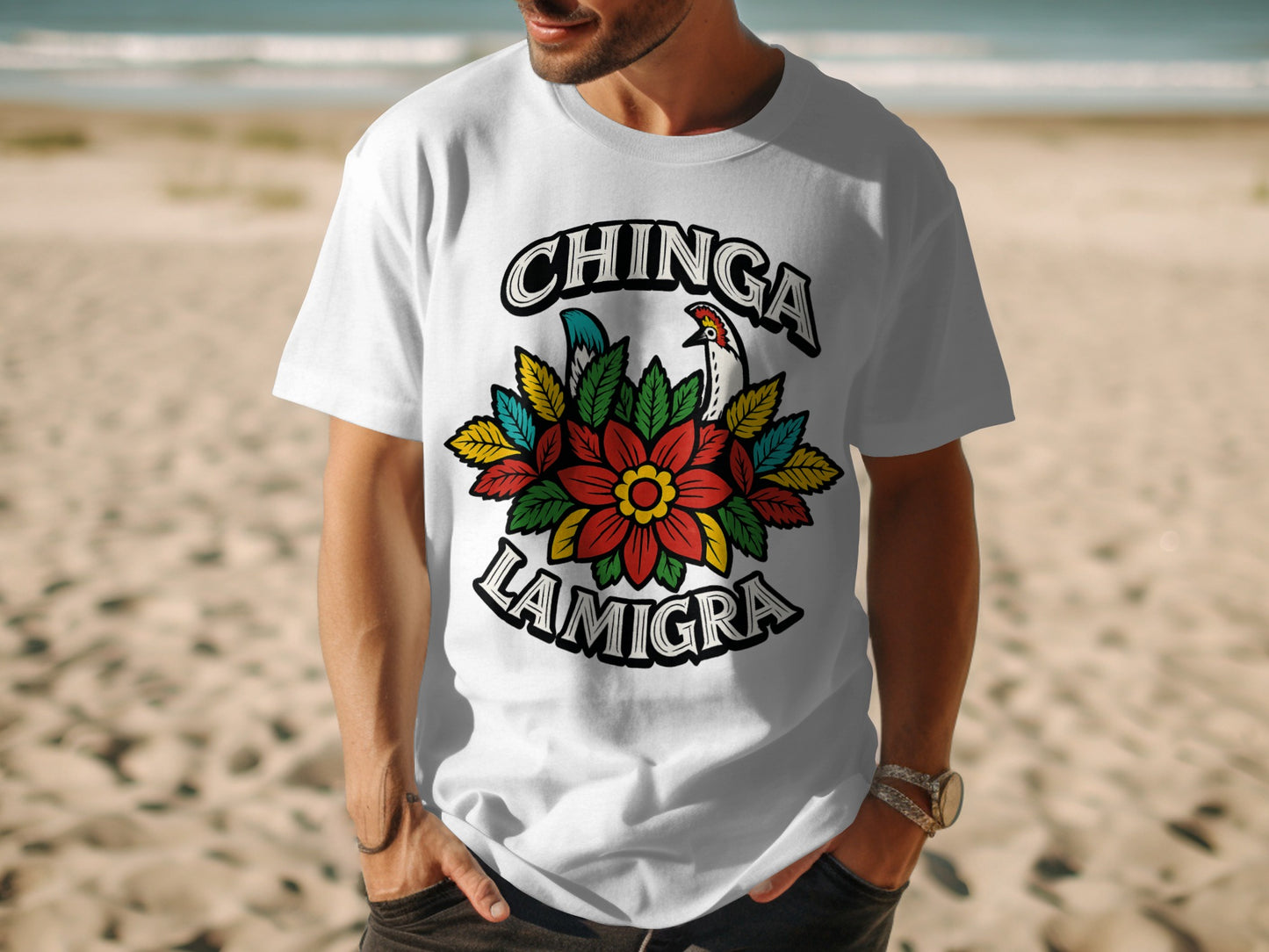 Chinga La Migra T-shirt with Colorful Floral Design product type