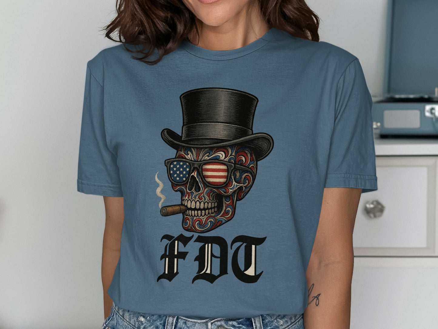 Patriotic Skull Graphic Tee with Top Hat Design product type