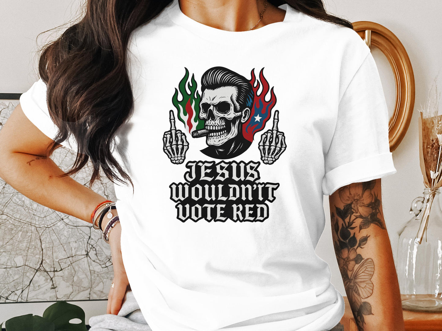 JESUS WOULDN'T VOTE RED Skull Flame Hand Gesture product type