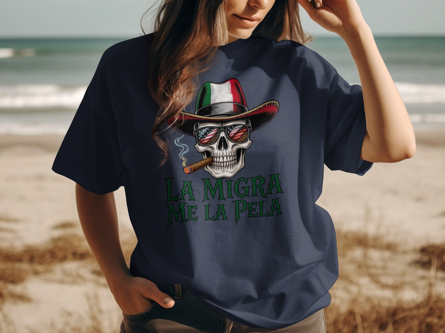 La Migra Me La Pela Skull With Hat Graphic T-Shirt