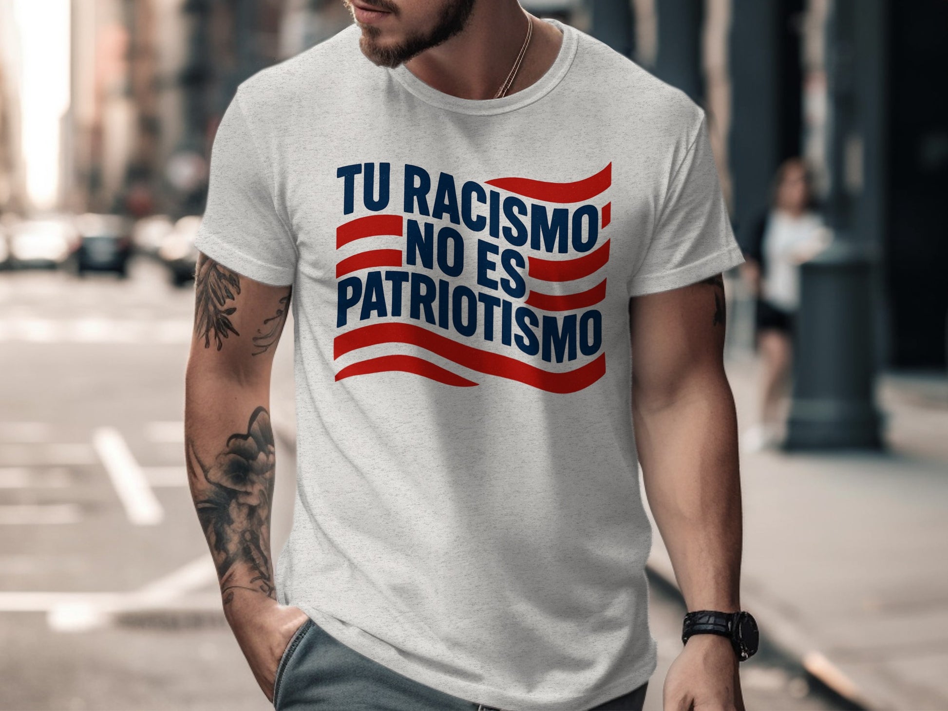 Tu Racismo No Es Patriotismo slogan t-shirt product type