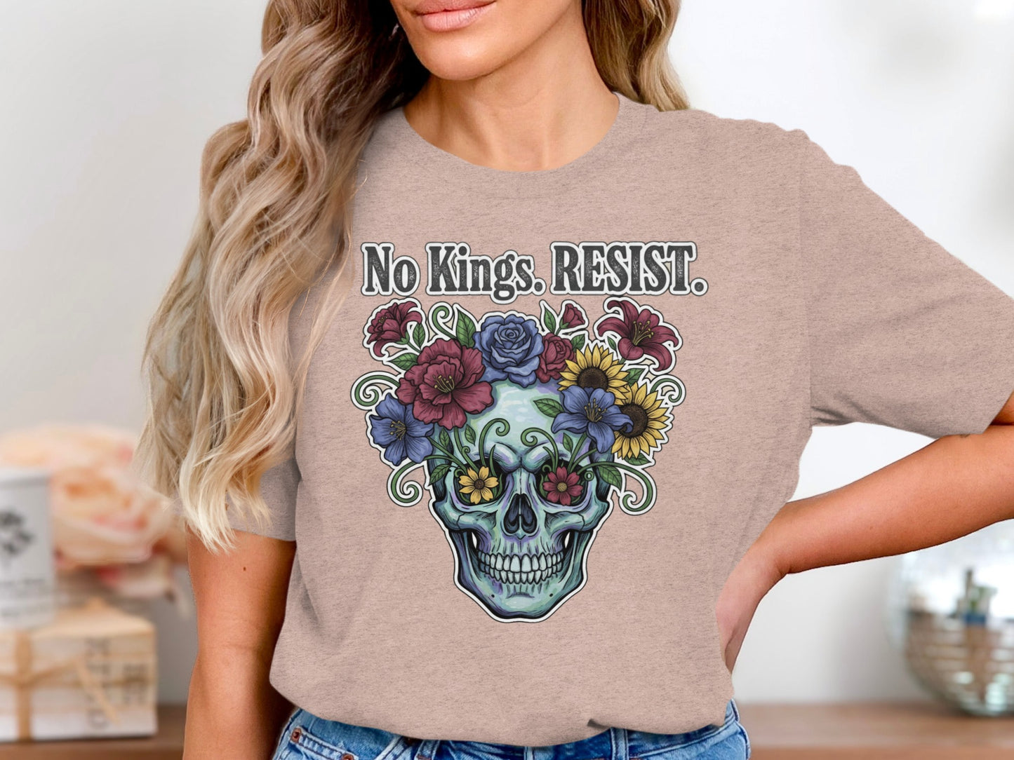 No Kings RESIST Skull with Flowers Graphic T-Shirt Product
