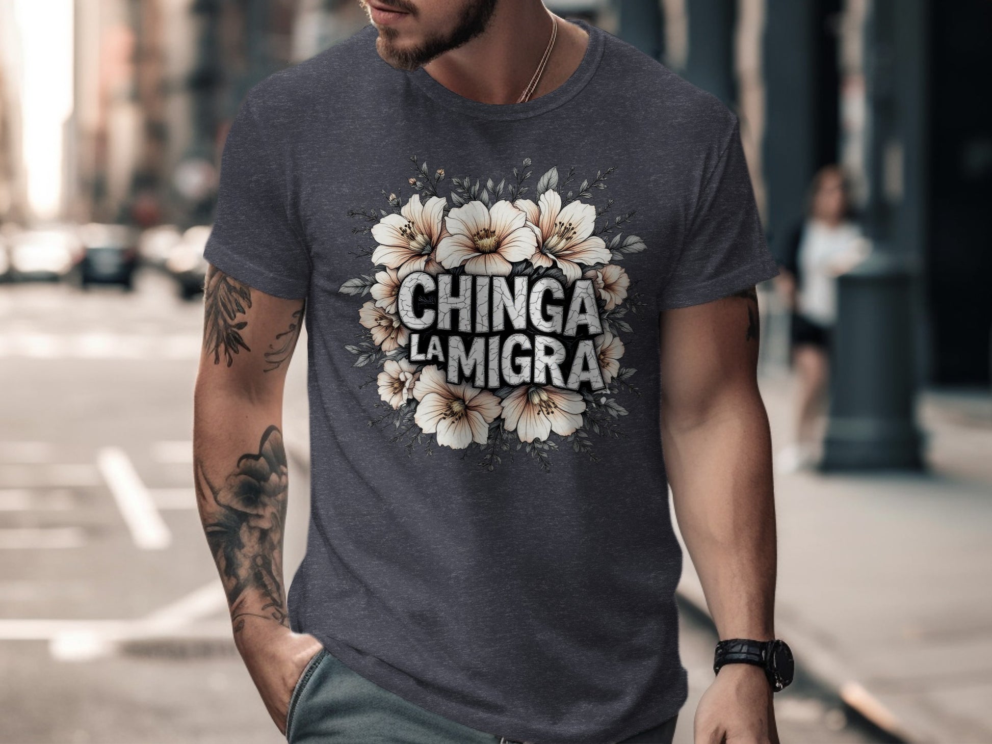 Chinga La Migra Floral Design Statement T-shirt