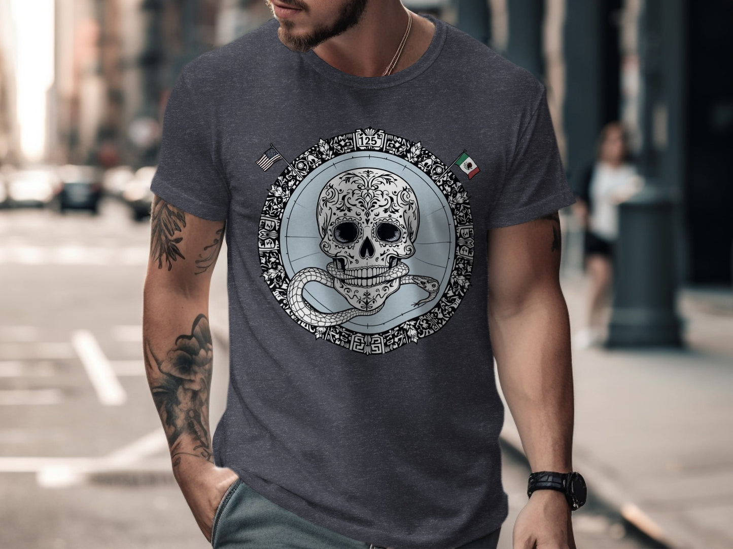 Intricate Skull Design on Dark Grey T-shirt product