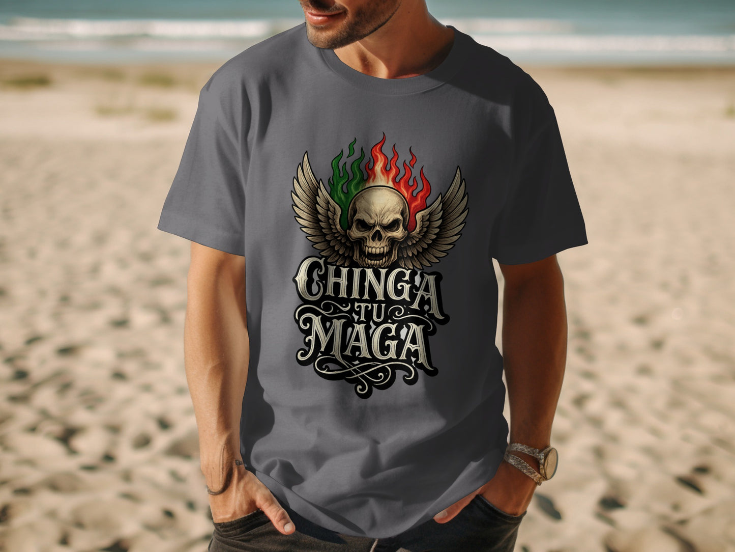 Skull with Wings Chinga tu Maga Design TShirt product type