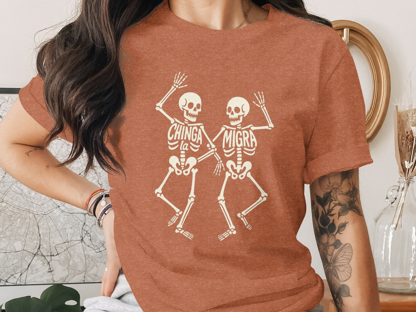 Fun Skeleton Design Chinga La Migra Statement Shirt product type