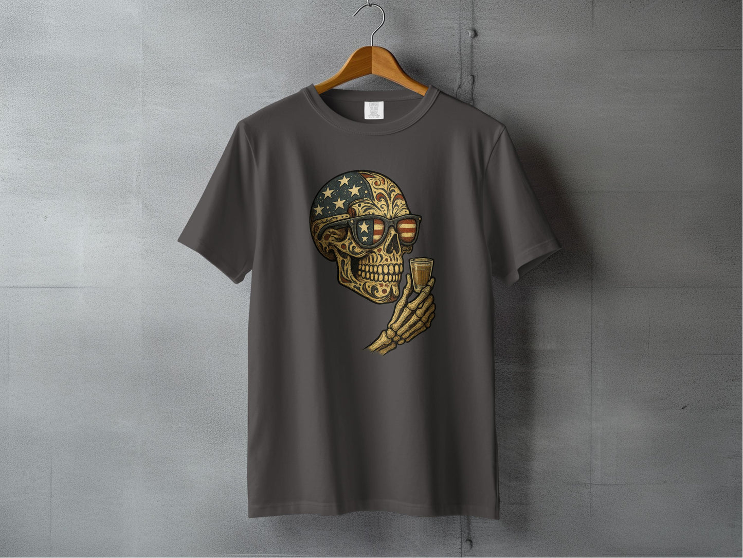 Skull Holding Glass American Flag Sunglasses T-Shirt product type