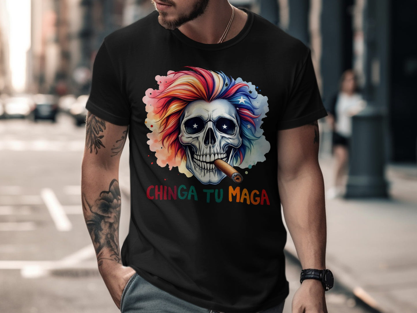 Colorful Skull Design Chinga Tu Maga T Shirt product