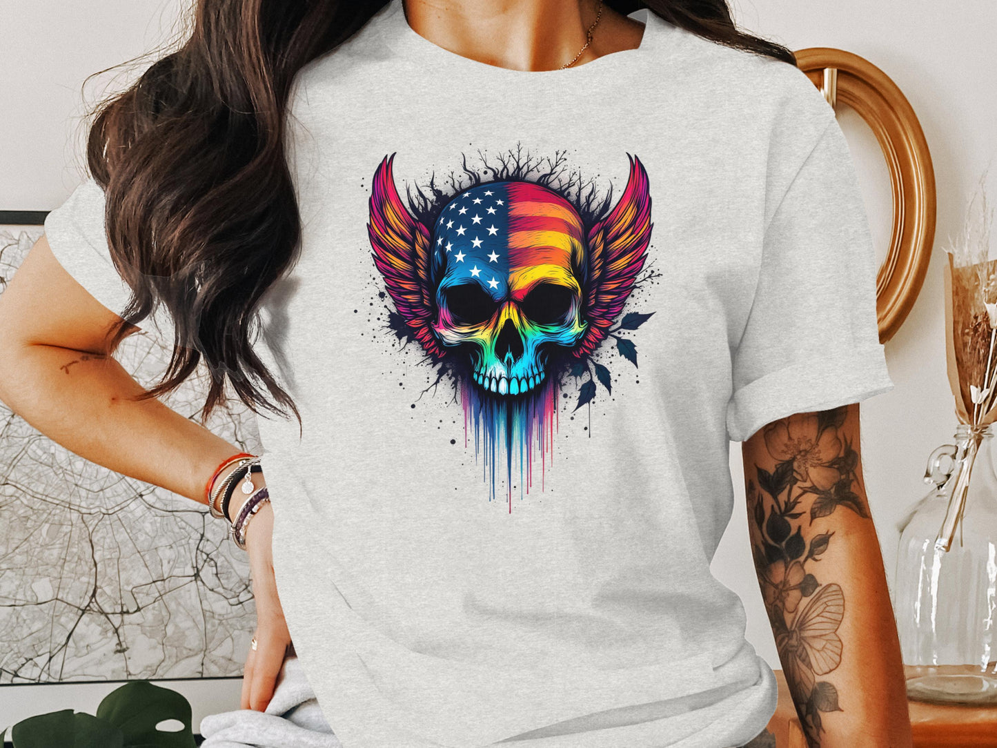 Patriotic Skull with Wings Artistic Print T-shirt product