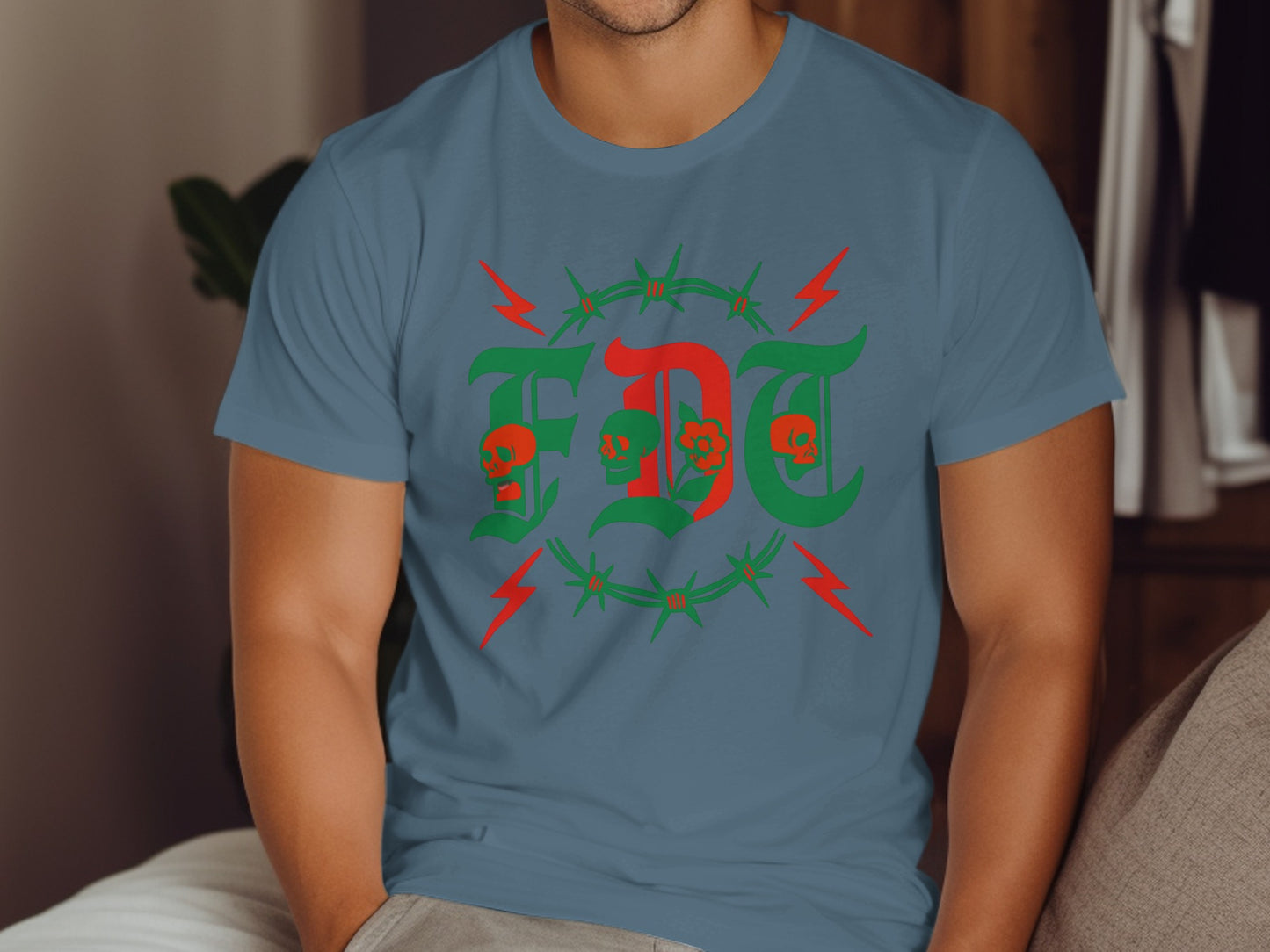Edgy FDT Skull and Lightning Graphic T-Shirt product