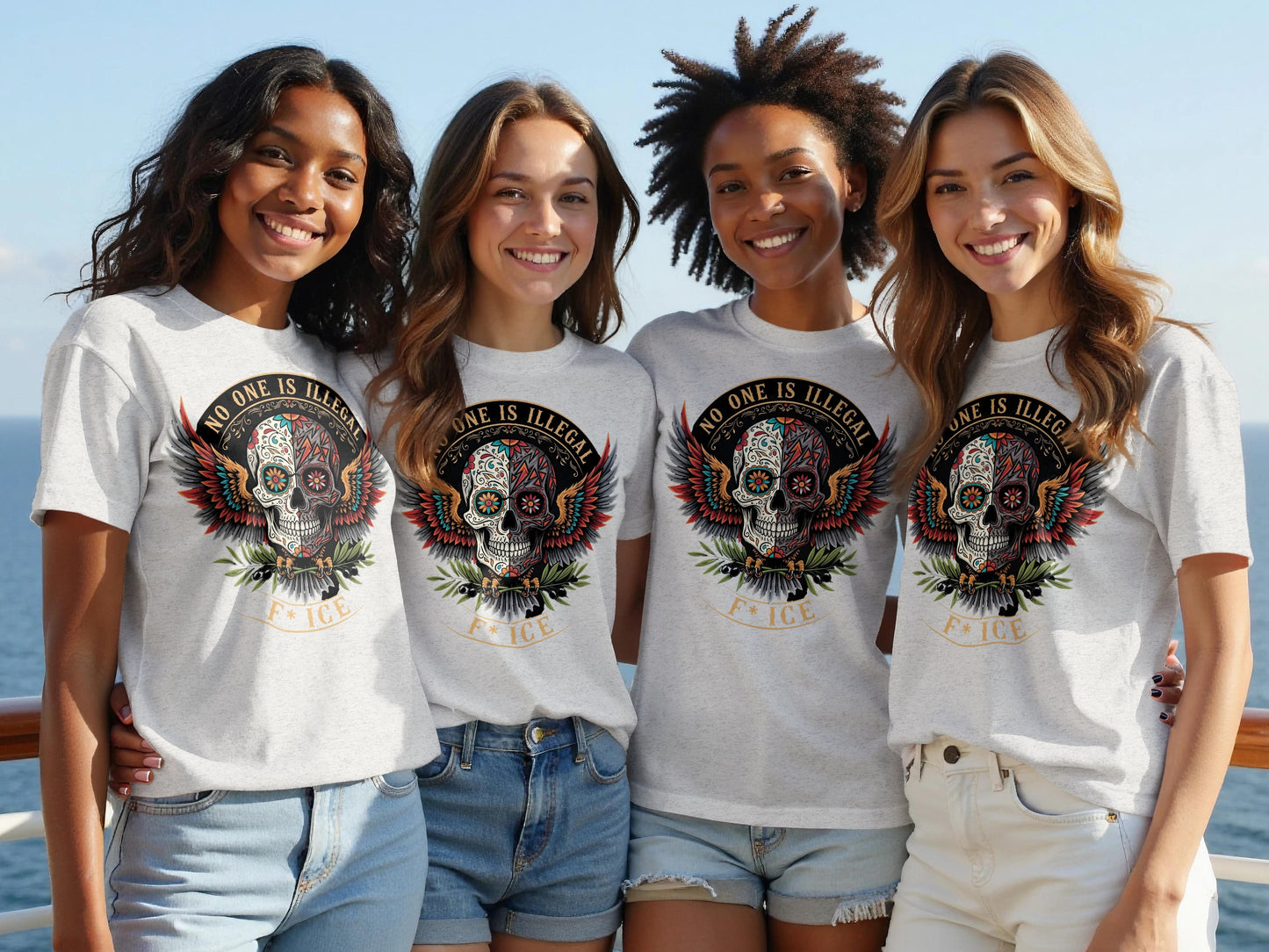 No One is Illegal Colorful Skull Art T-shirt product type