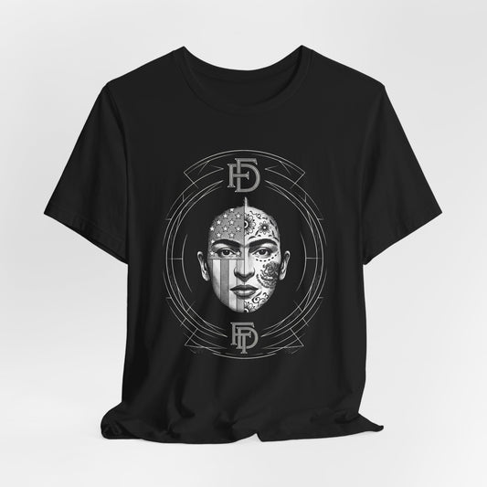 Black t-shirt with a graphic of a face split in half, one side with US flag, the other with tribal design.