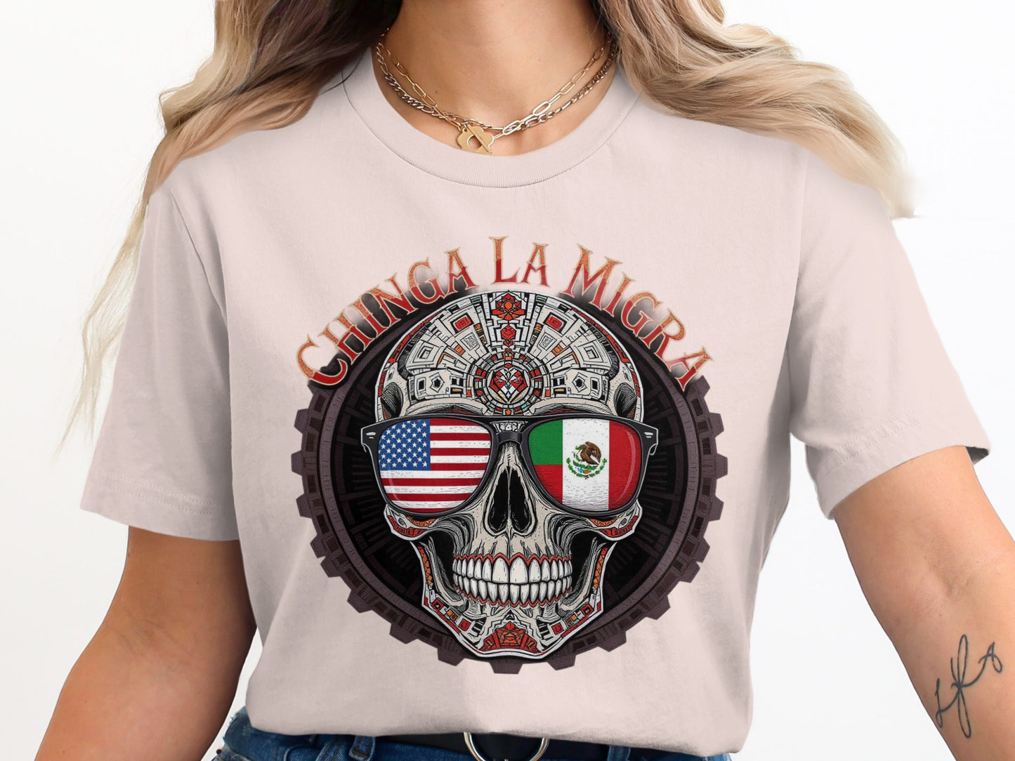 Chinga La Migra Skull with Flags Graphic Tee product type