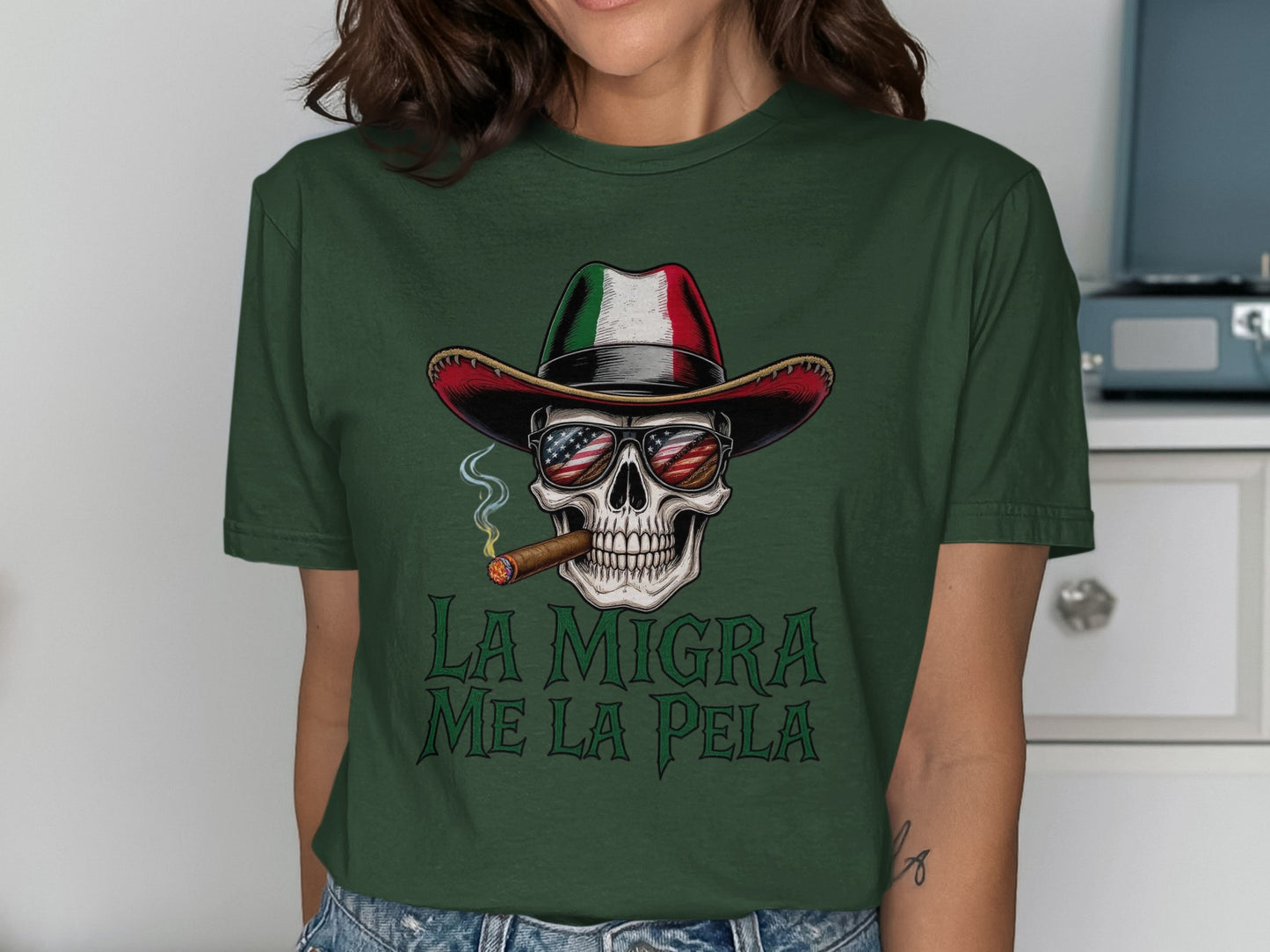 La Migra Me La Pela Skull Hat Sunglasses T-Shirt product type