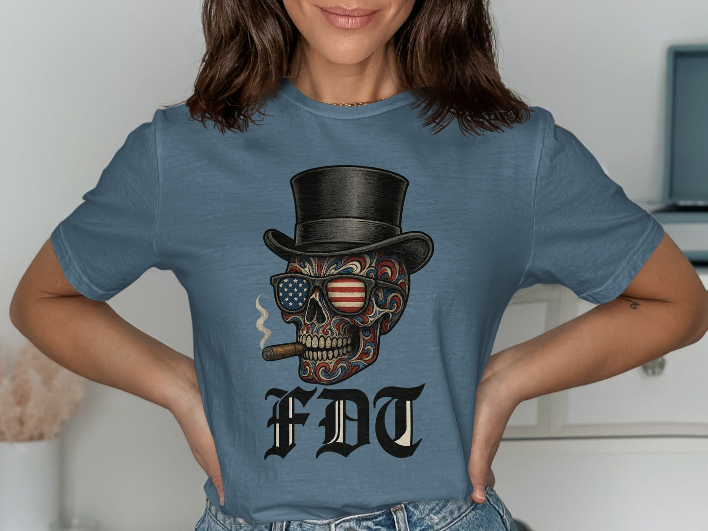 Vintage Skull with Top Hat American Flag Eyes T-Shirt product