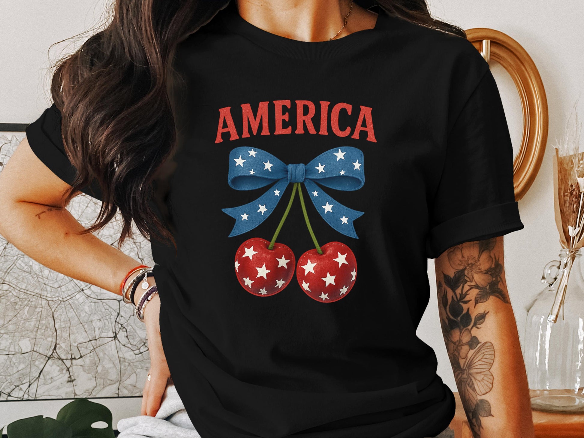 American Flag Themed Bow Cherry Graphic Shirt product type