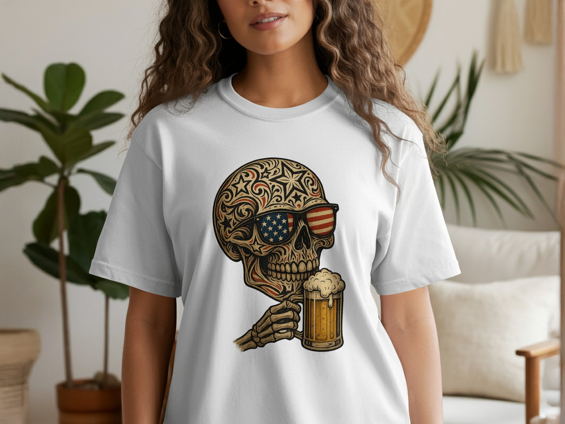 Patriotic Skull with Beer and Shades Design T-shirt product type