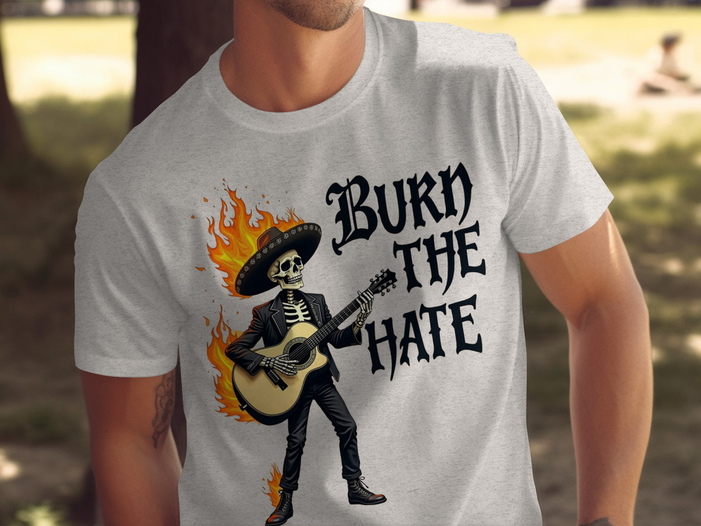 Burn the Hate Skeleton Guitar Player T-shirt product