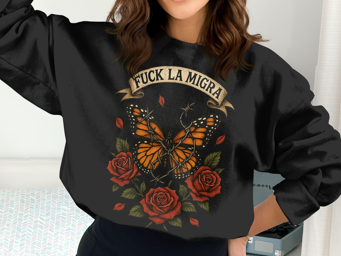 Fuck La Migra Butterfly and Roses Graphic Sweatshirt Product