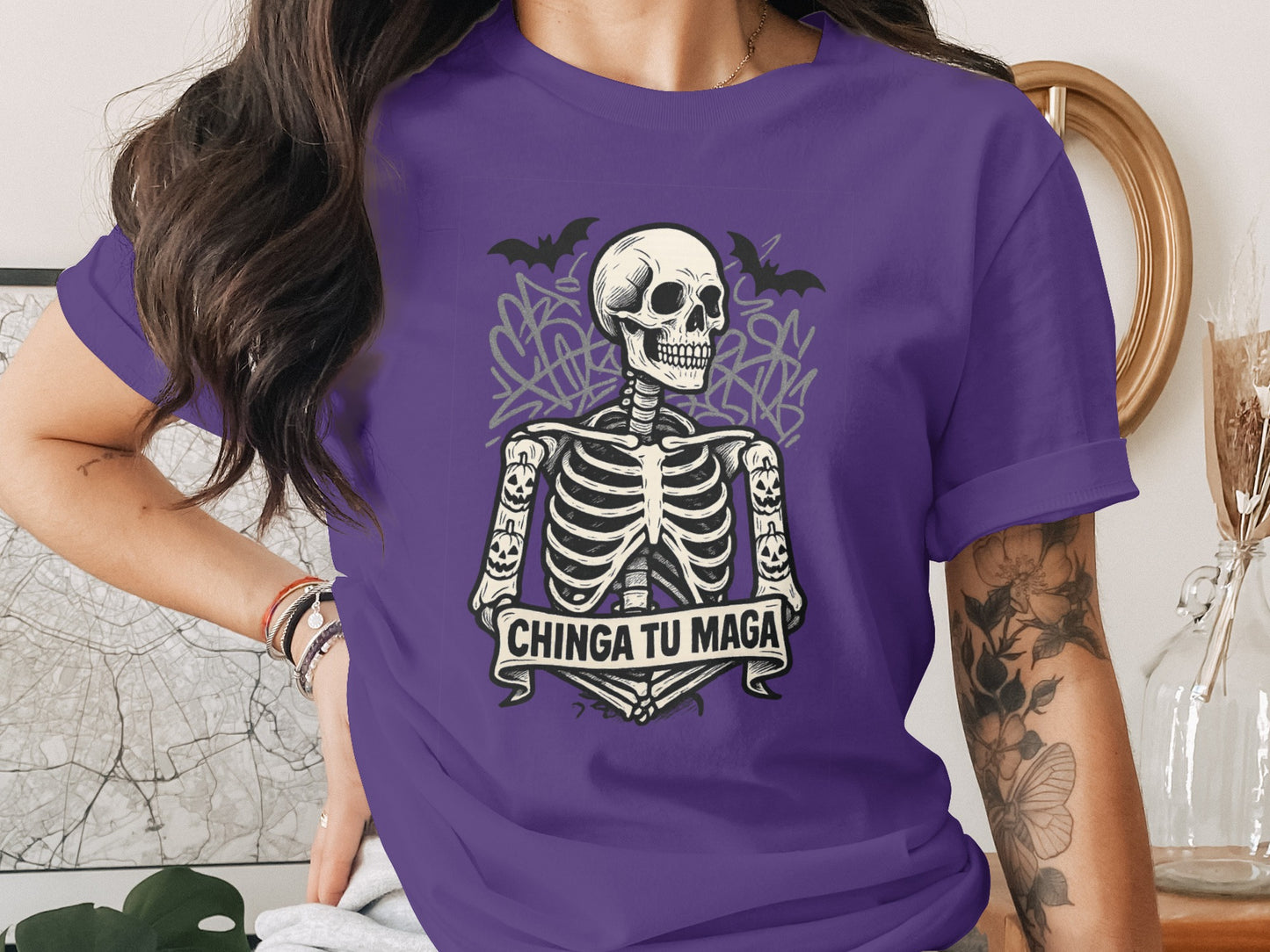Skeleton and Bats Graphic Purple T-Shirt product type