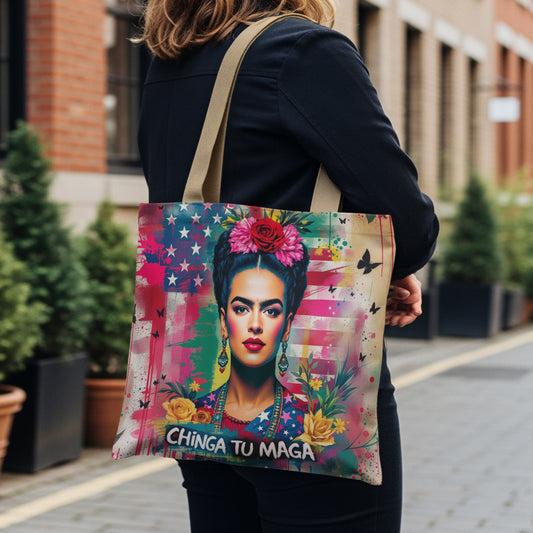 Frida Kahlo with American flag and butterflies on a tote bag.